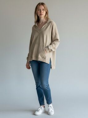 Easel Oversized V-Neck Hoodie Sweater in Beige